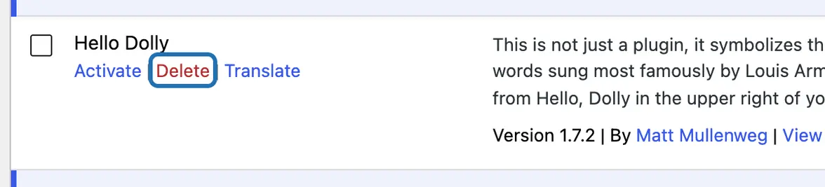 The Hello Dolly row, switched off, with its red Delete link outlined