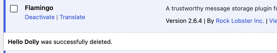The plugin list after pressing OK: the line Hello Dolly was successfully deleted, under Flamingo