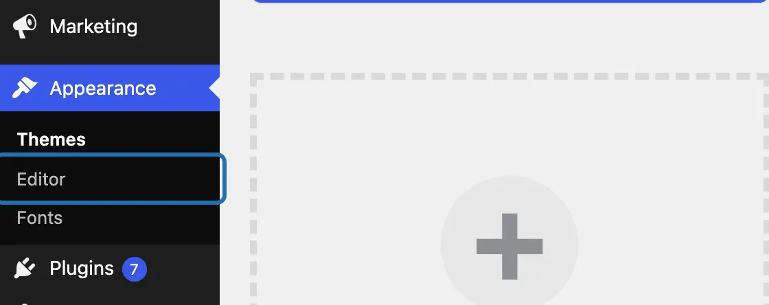 The WP dashboard menu with Appearance open and Editor outlined