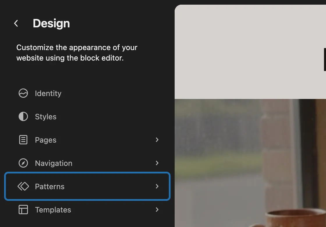 The Site Editor's Design menu with Patterns outlined, below Identity, Styles, Pages and Navigation