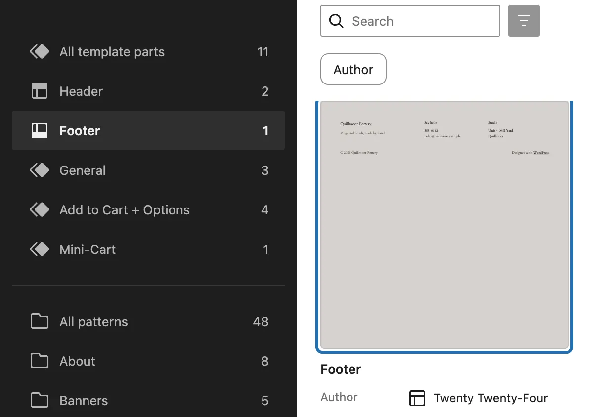 Patterns with Footer chosen in the list, and the footer's picture outlined: click it to open the footer
