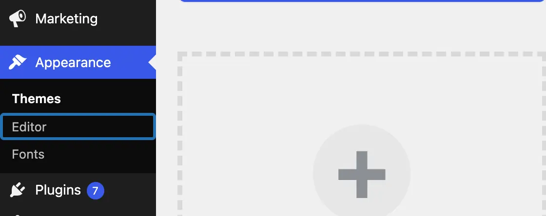 The WP dashboard menu with Appearance open and Editor outlined