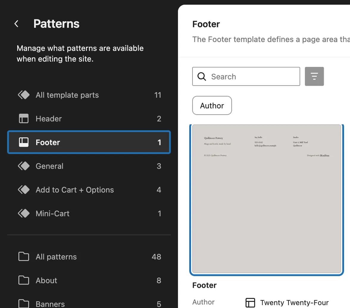 Patterns with Footer chosen in the list, and the footer's picture outlined: click it to open the footer