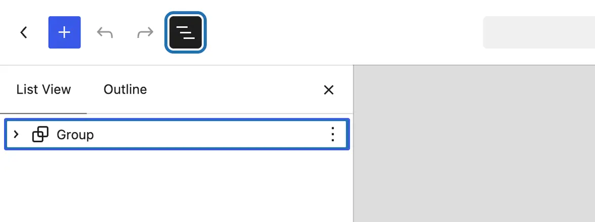 The footer open, the Document Overview button outlined, and the List View showing one Group: the whole footer