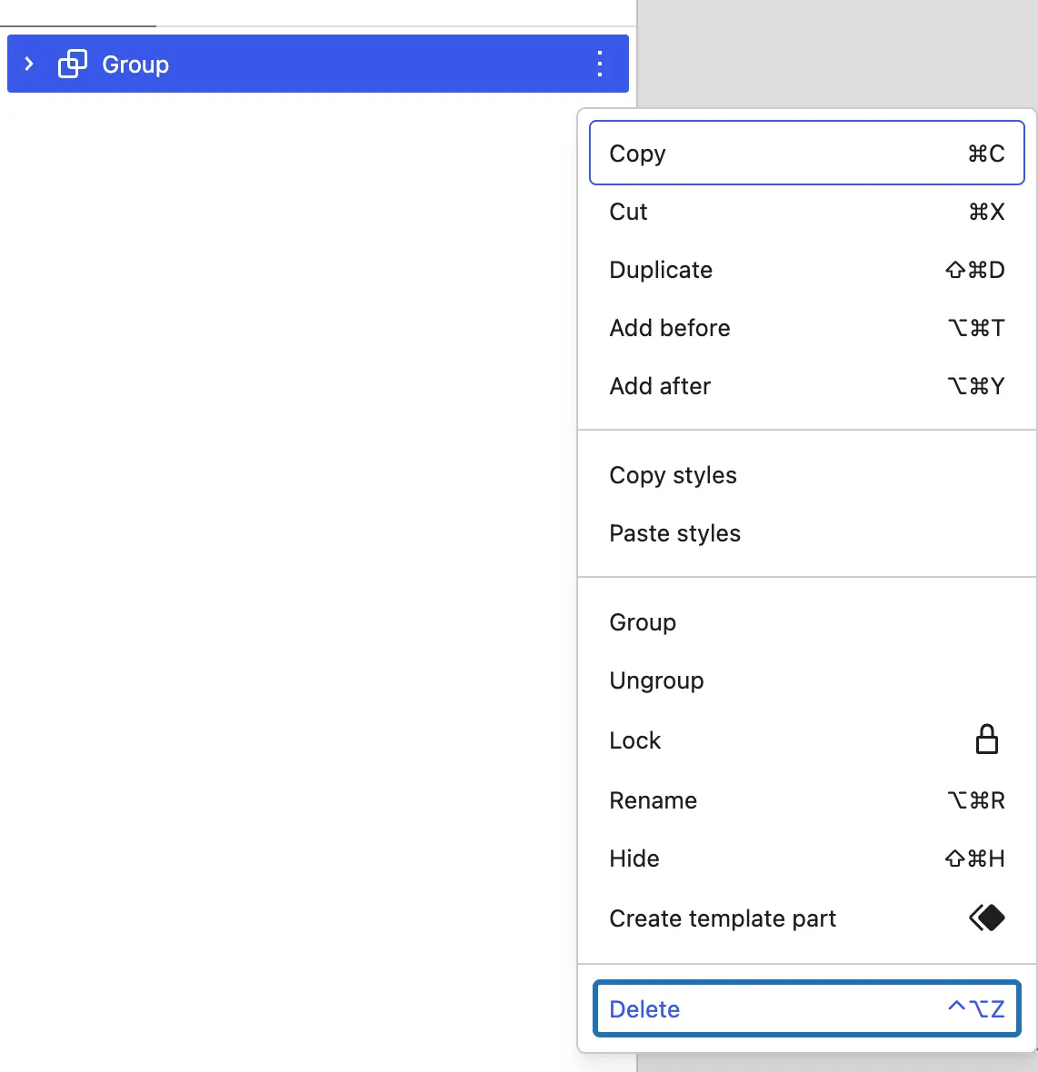 The Group's ⋮ menu open in the List View, with Delete outlined at the bottom
