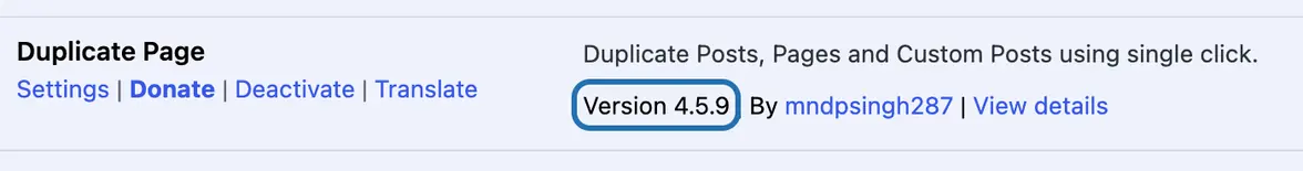 Duplicate Page in the plugin list, Version 4.5.9 outlined under its description: the version installed now