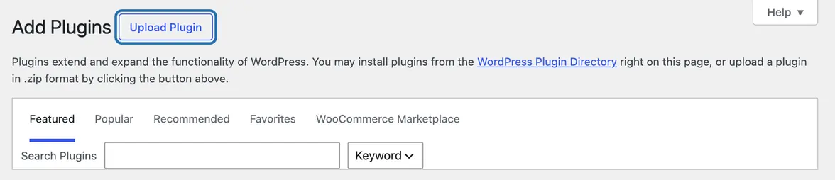 The Add Plugins screen with the Upload Plugin button outlined, next to the title