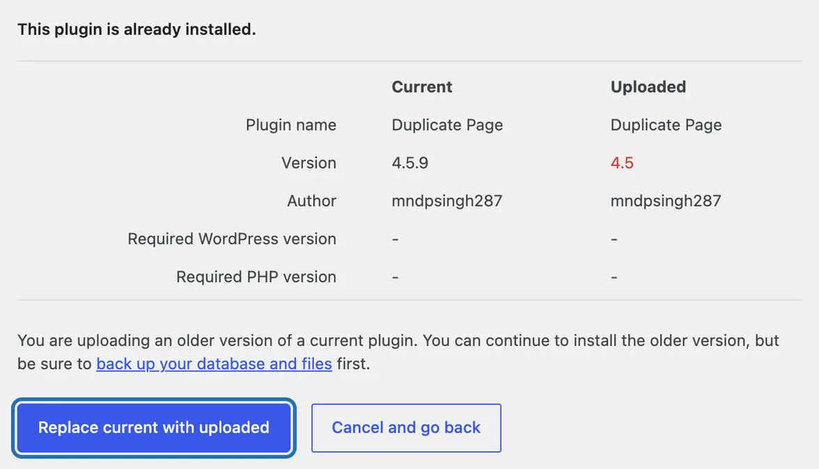 WP's This plugin is already installed table, current 4.5.9 and uploaded 4.5, with Replace current with uploaded outlined