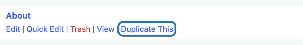The About page in Pages with its links shown on hover and Duplicate This outlined: Duplicate Page's own link