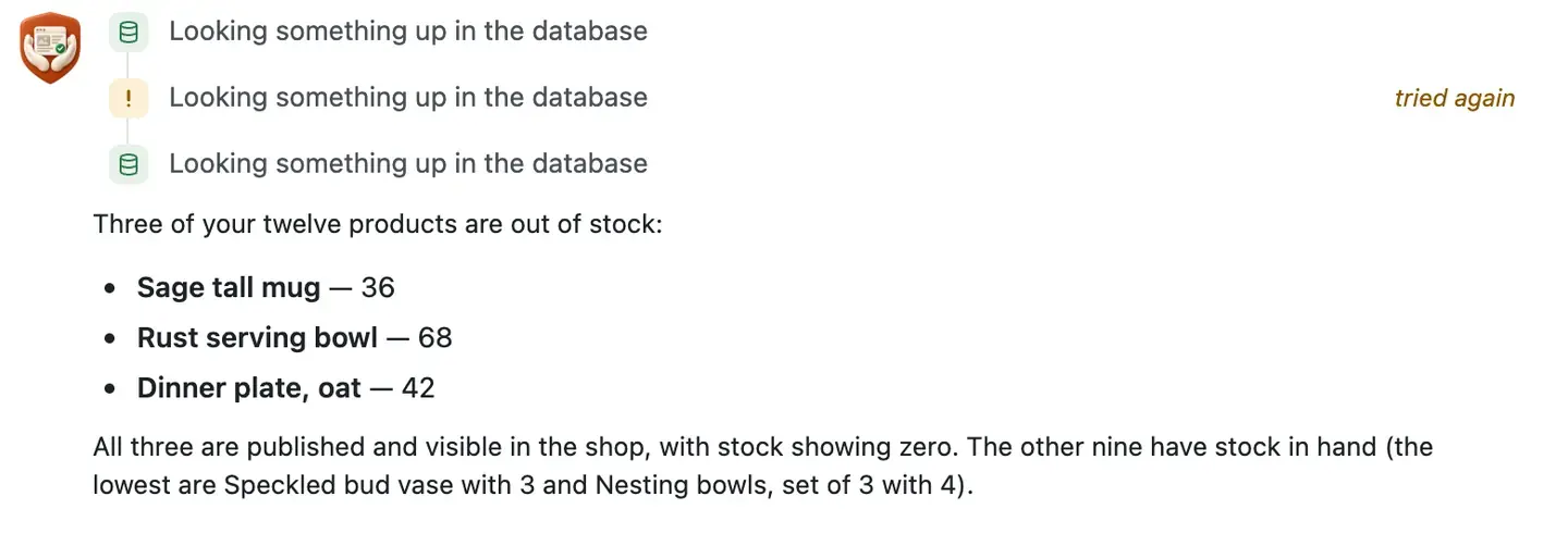 The CMSHands chat on our test shop: three database lookups, one with a warning, then the 3 products out of stock with prices