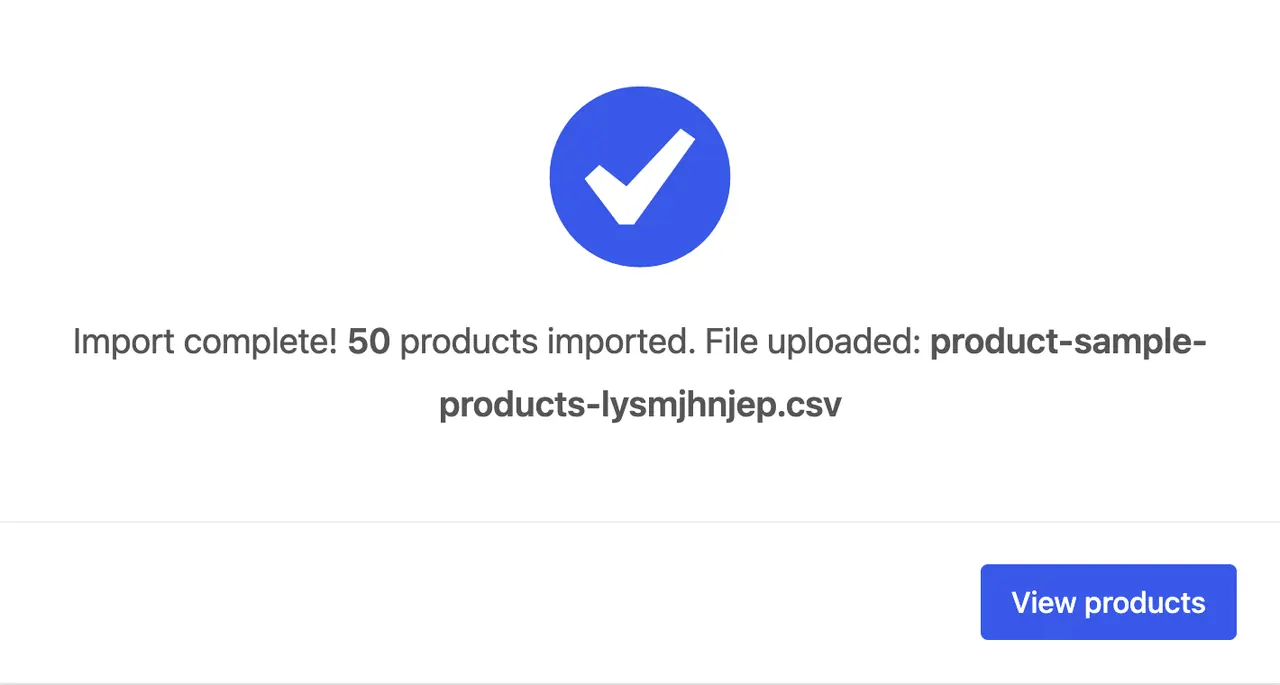 The store importer on our test site after the run: Import complete! 50 products imported.