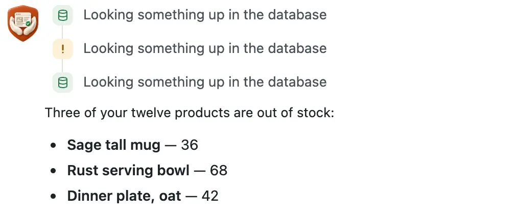 The chat's answer: three of twelve products out of stock, Sage tall mug 36, Rust serving bowl 68, Dinner plate, oat 42