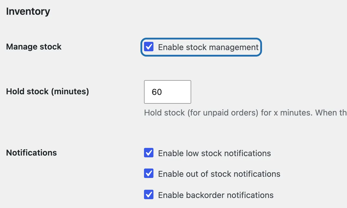 WooCommerce inventory settings on our test site: Enable stock management ticked, and the three notification boxes ticked