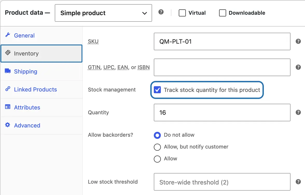 A product's Inventory tab on our test site: Track stock quantity for this product ticked, Quantity 16