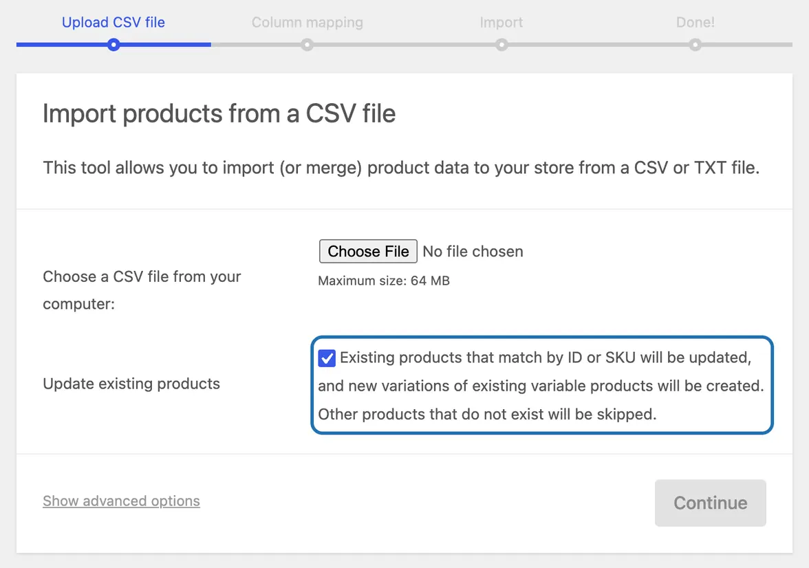 WooCommerce's product importer, first screen: Update existing products ticked, so matching SKUs get the new counts