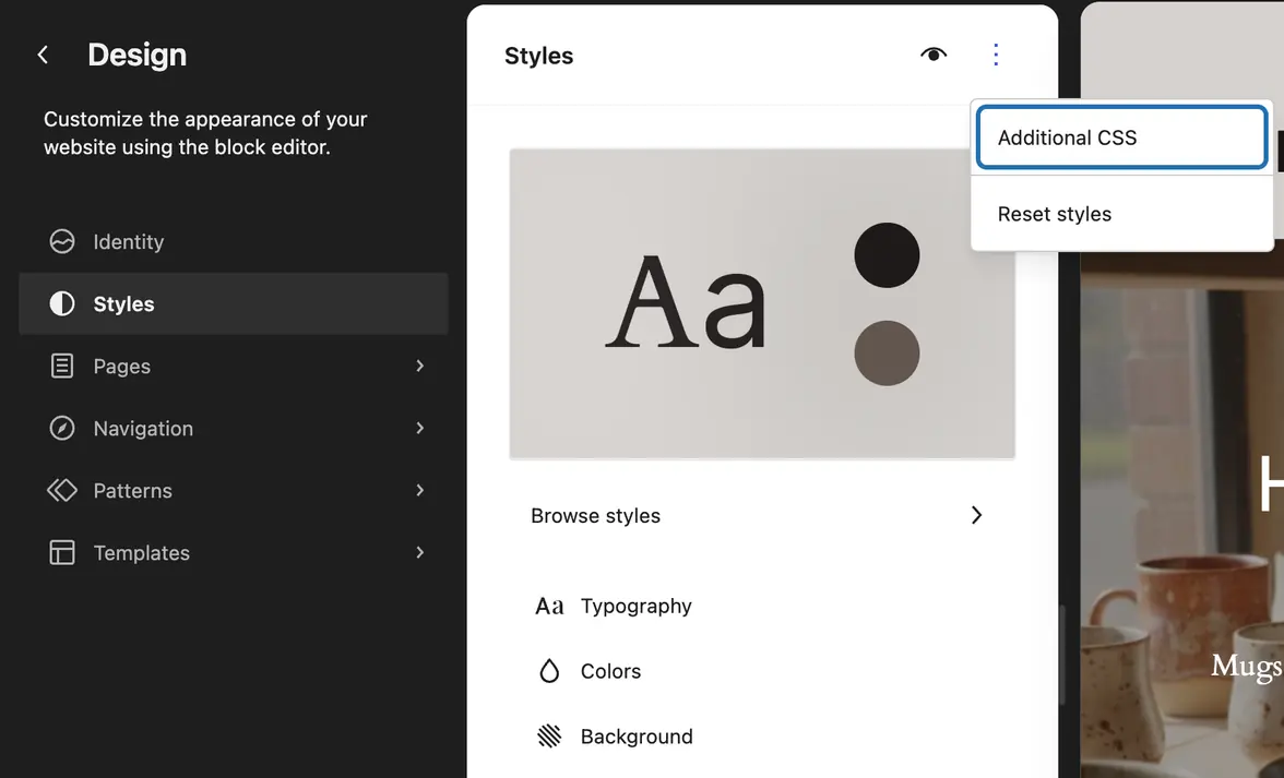 The Styles panel in Appearance › Editor, its ⋮ (More) menu open and Additional CSS outlined