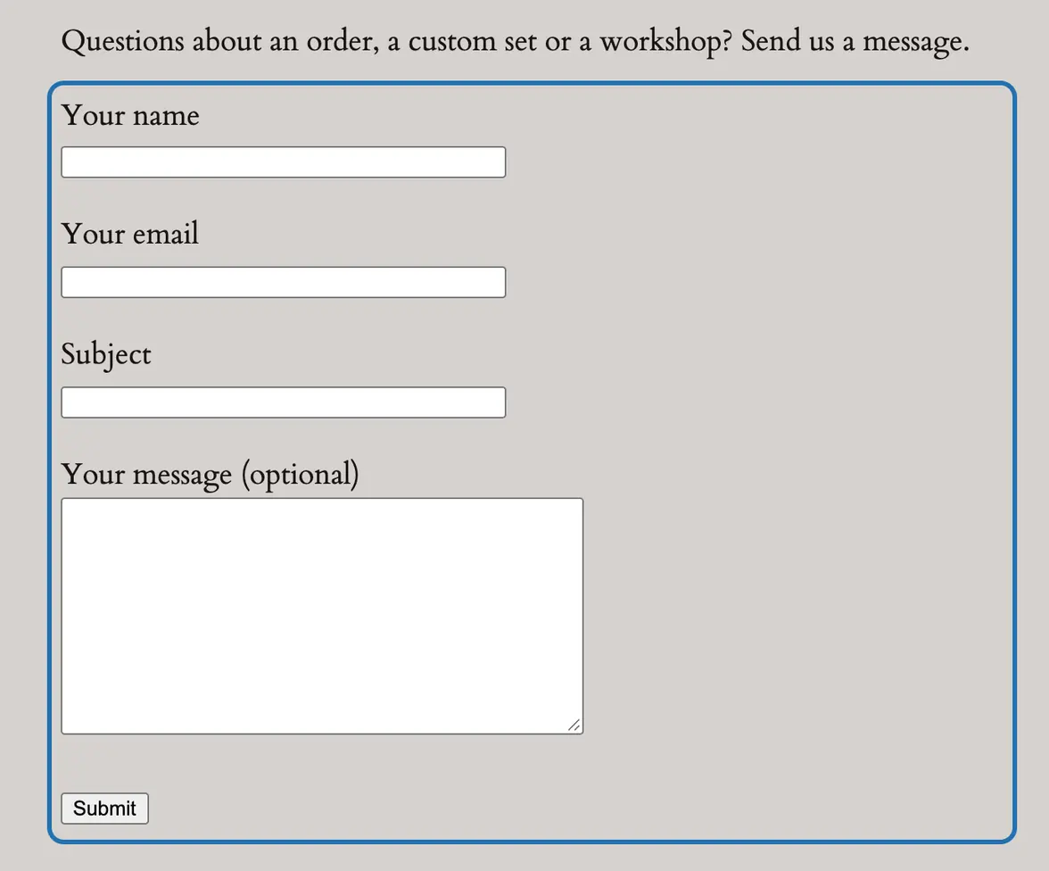 The test site's Contact page: the box Contact Form 7 puts around the form outlined, its fields still plain