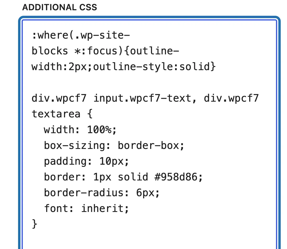 Additional CSS with the field rules typed at the end of the box, under the line that was already there