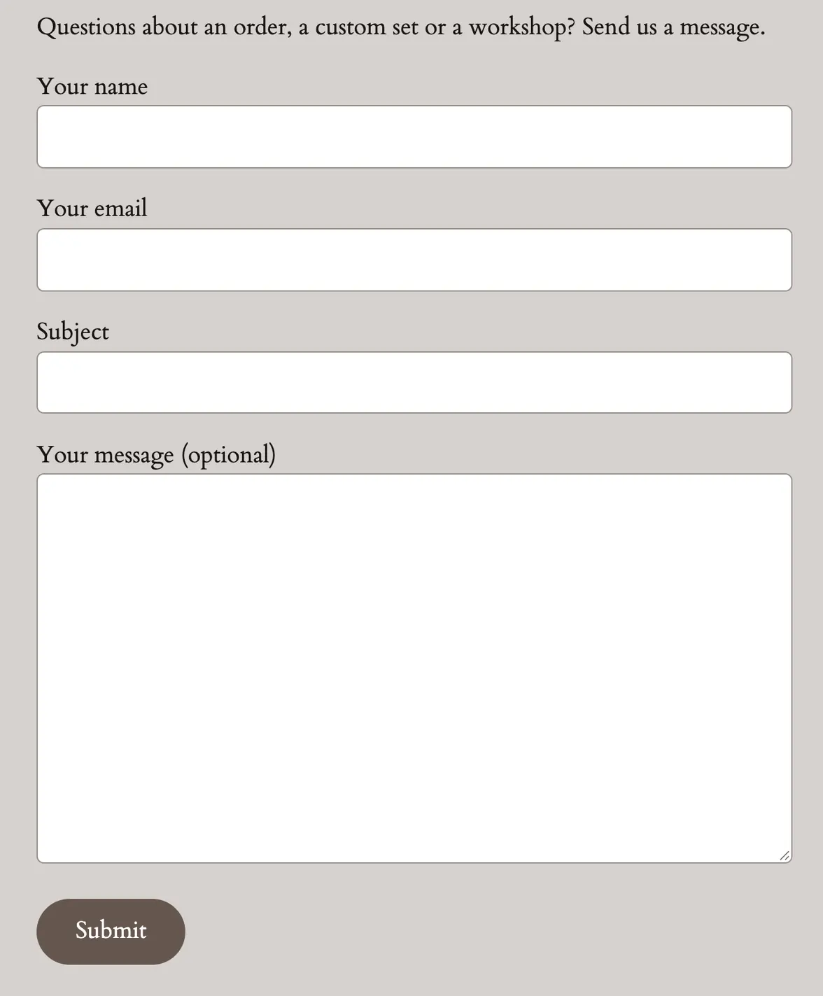 The live Contact page after Save: full-width rounded fields and a brown, round Submit like the site's other buttons