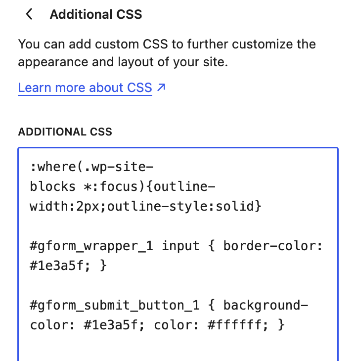 Additional CSS with the two form rules pasted at the end of the box, under the line that was already there