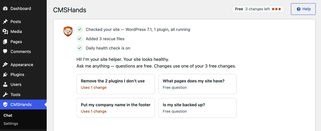 The CMSHands chat in a WP dashboard: CMSHands › Chat in the left menu, and the Help button at the top right