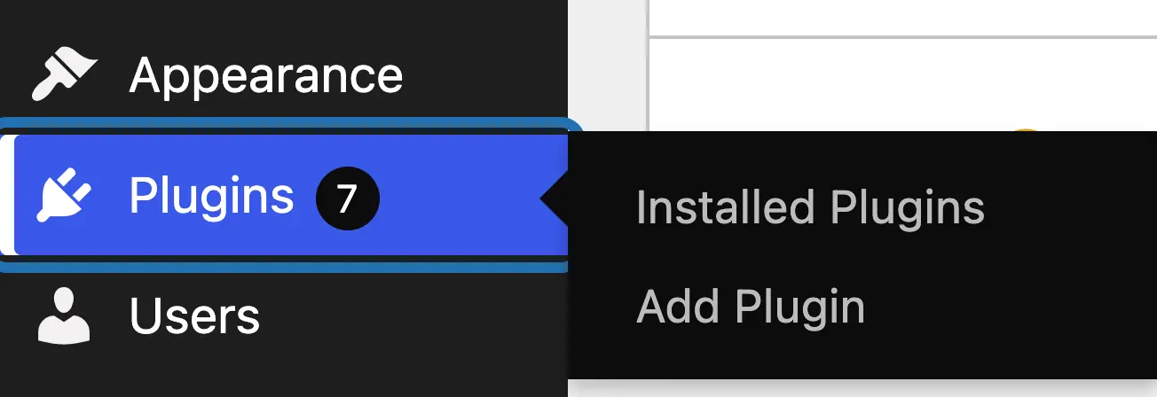 The dashboard menu, Plugins outlined with a 7 beside it (seven updates waiting), and its Installed Plugins link