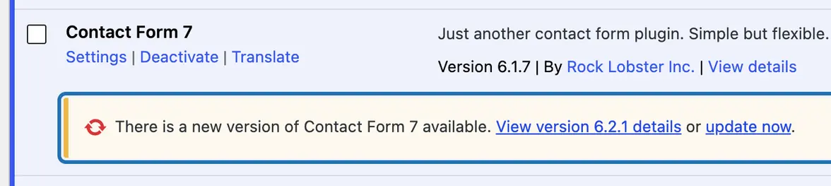 Contact Form 7 on the Plugins screen, its yellow line outlined: There is a new version of Contact Form 7 available