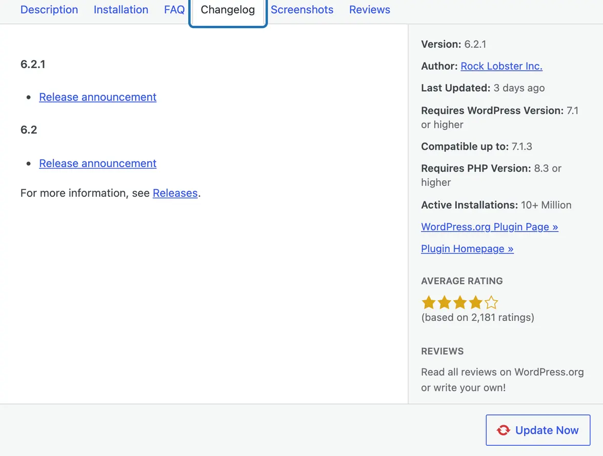 The details window open on its Changelog tab, outlined, with the new version's requirements on the right