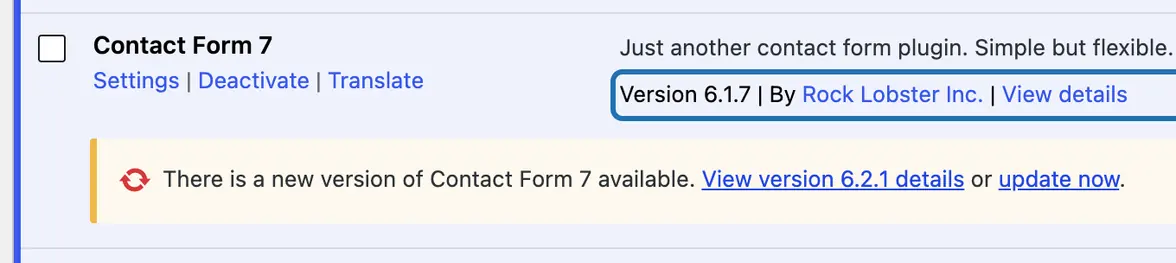 The same row with Version 6.1.7 outlined: the version installed now, before the update