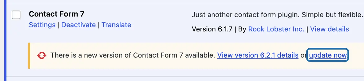 The yellow update line with its update now link outlined