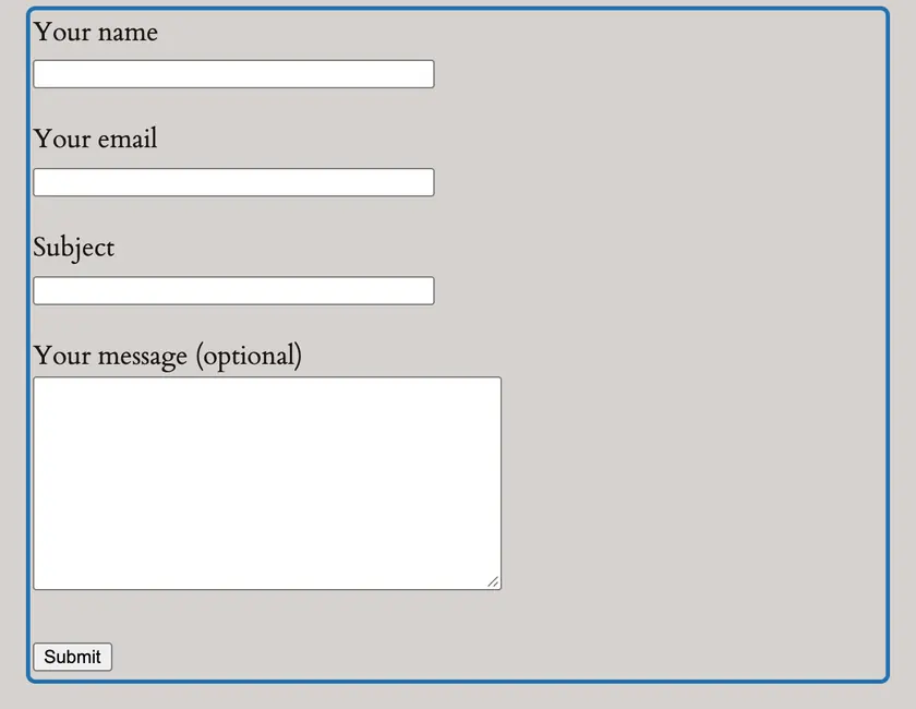 The test site's contact form as a visitor sees it, outlined: name, email, subject, message and Submit