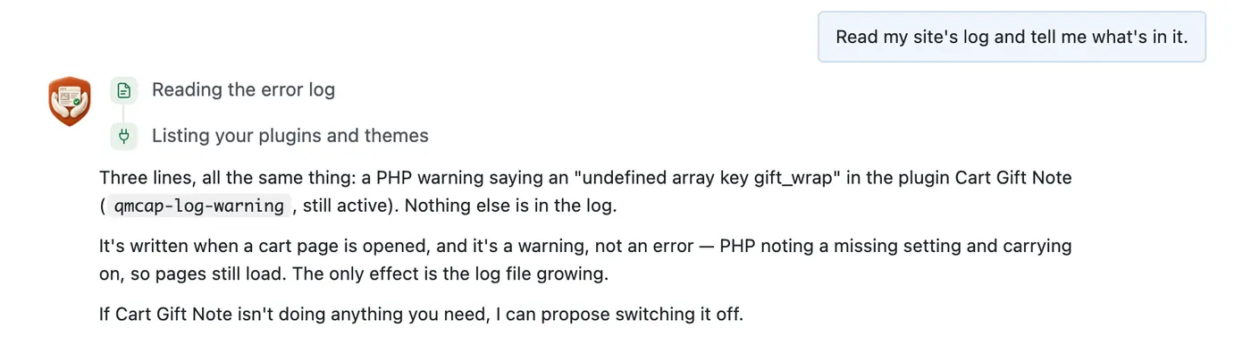 CMSHands answering “Read my site's log and tell me what's in it.”: 3 lines, all one PHP warning from one plugin