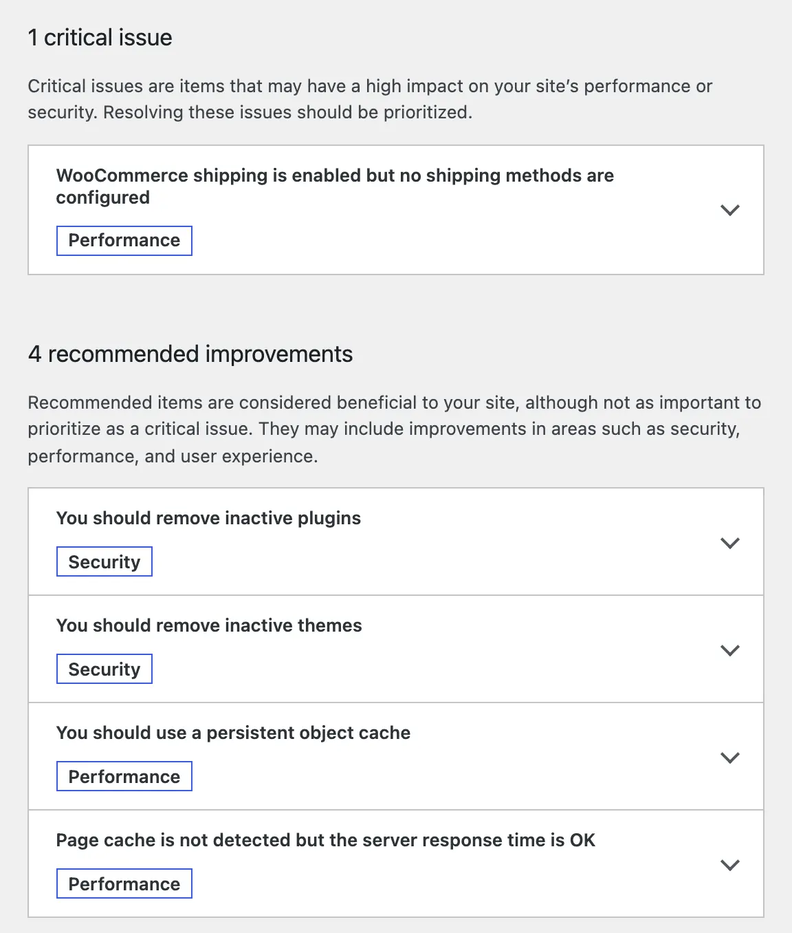 Tools › Site Health on our test site: 1 critical issue and 4 recommended improvements, one of them to remove inactive plugins