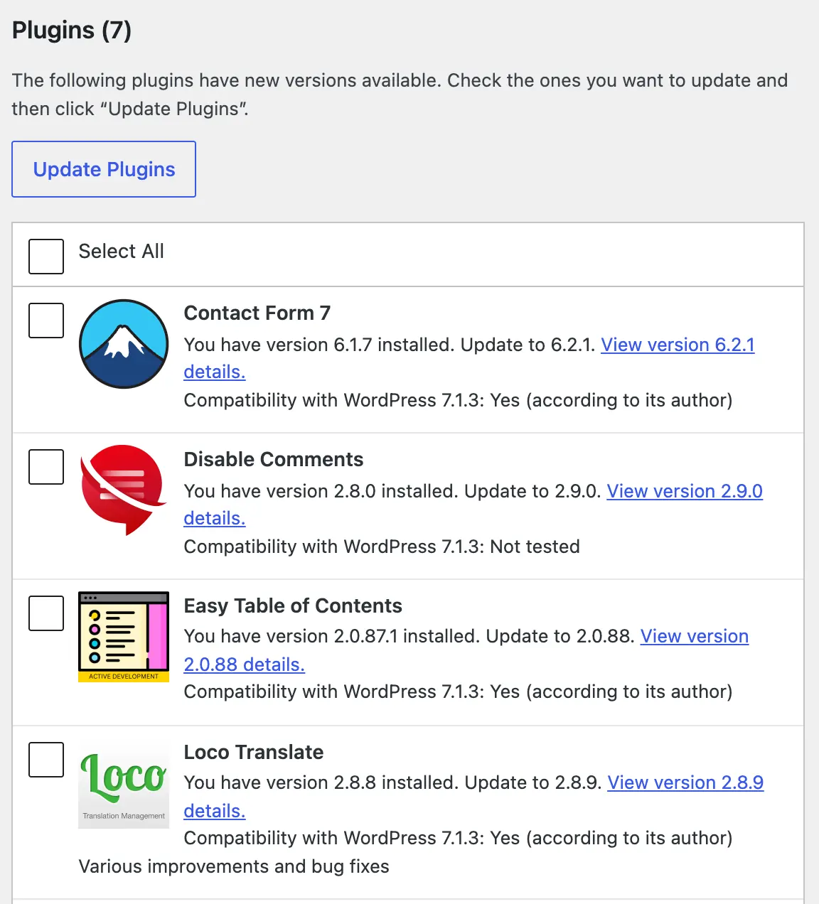 Dashboard › Updates on our test site: the top of the Plugins (7) list, each with the version installed and the new one