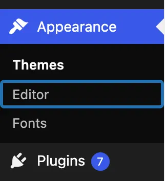 The Appearance menu on a block theme (Twenty Twenty-Four): Editor is in the list