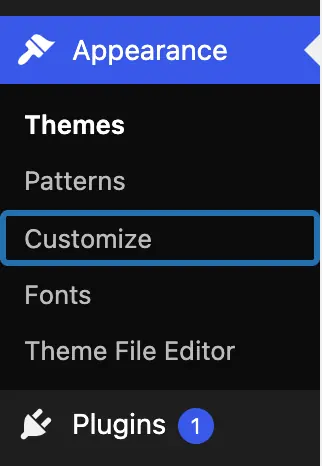 The Appearance menu on an older (classic) theme: Customize is there, Editor is not