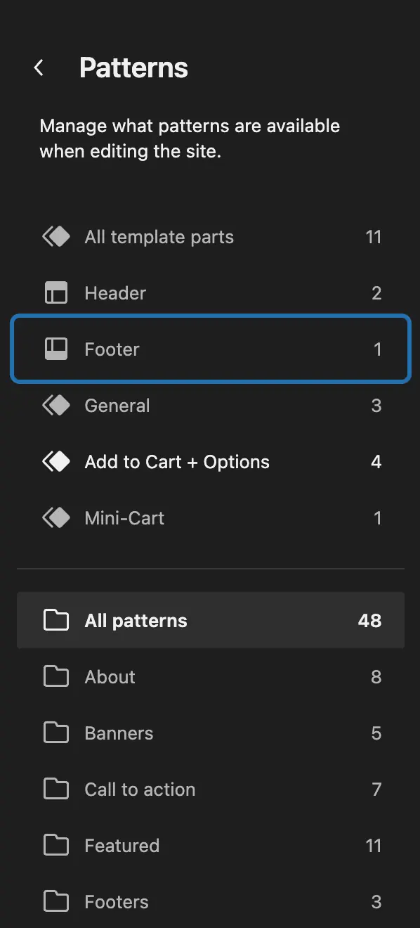 Patterns in the Site Editor: Footer (outlined) near the top of the list, Footers further down