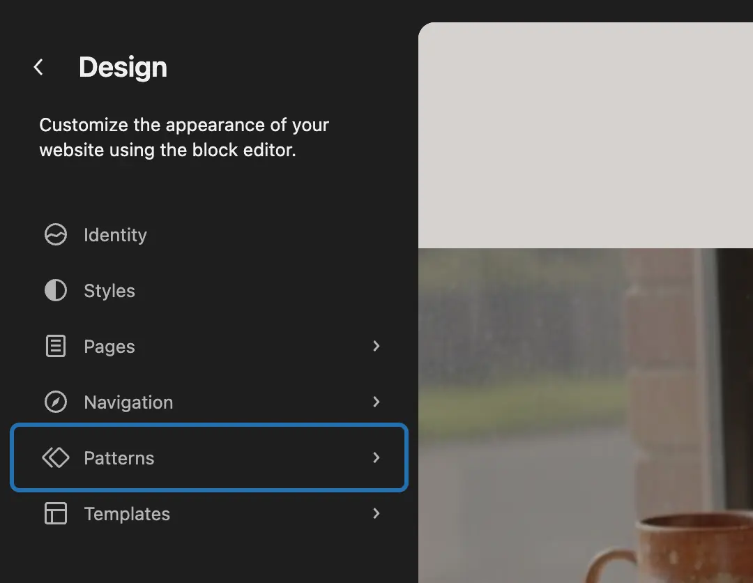 The Site Editor on a block theme: Identity, Styles, Pages, Navigation, Patterns (outlined) and Templates