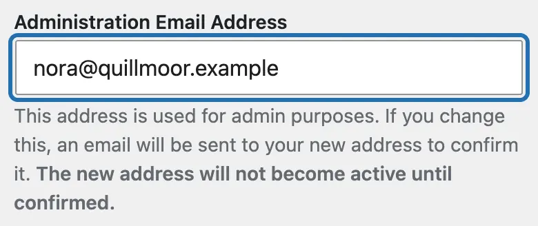 Settings › General: the Administration Email Address field outlined. WP sends crash emails to this address
