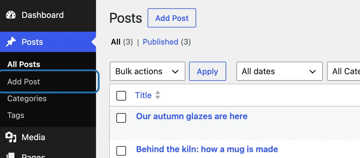 The WP dashboard menu with Posts open and Add Post outlined, beside the list of posts