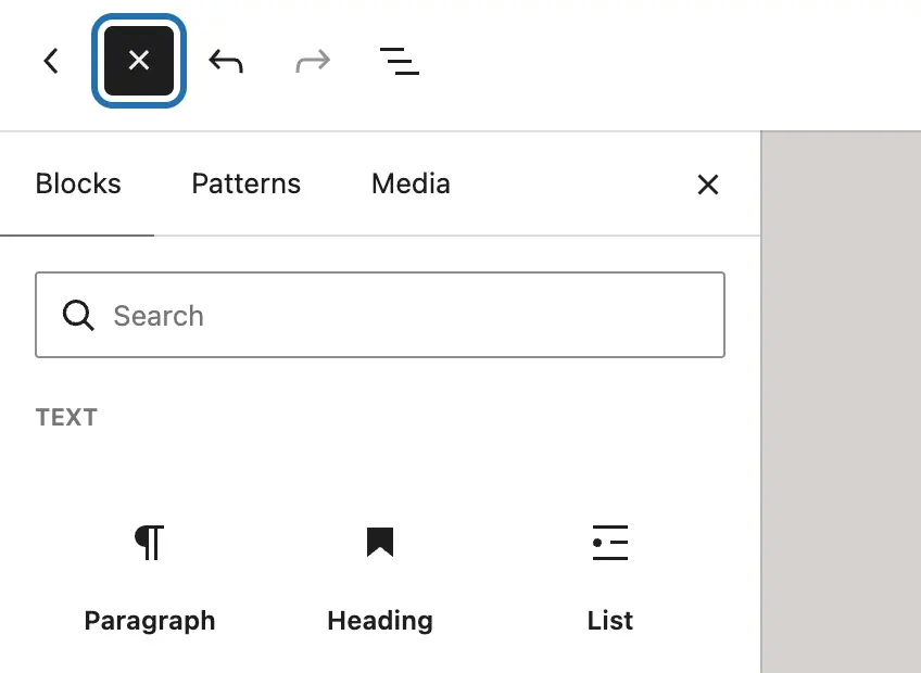 The block library open after pressing + at the top left: Paragraph, Heading, List, Quote and more
