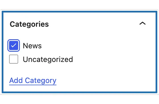 The Categories panel in the post settings on the right, with News ticked