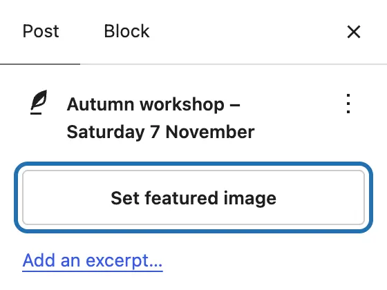 The post settings on the right with the Set featured image button outlined