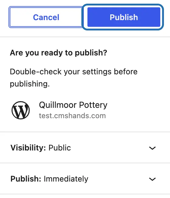 The panel after the first Publish: Are you ready to publish?, with the second Publish button outlined