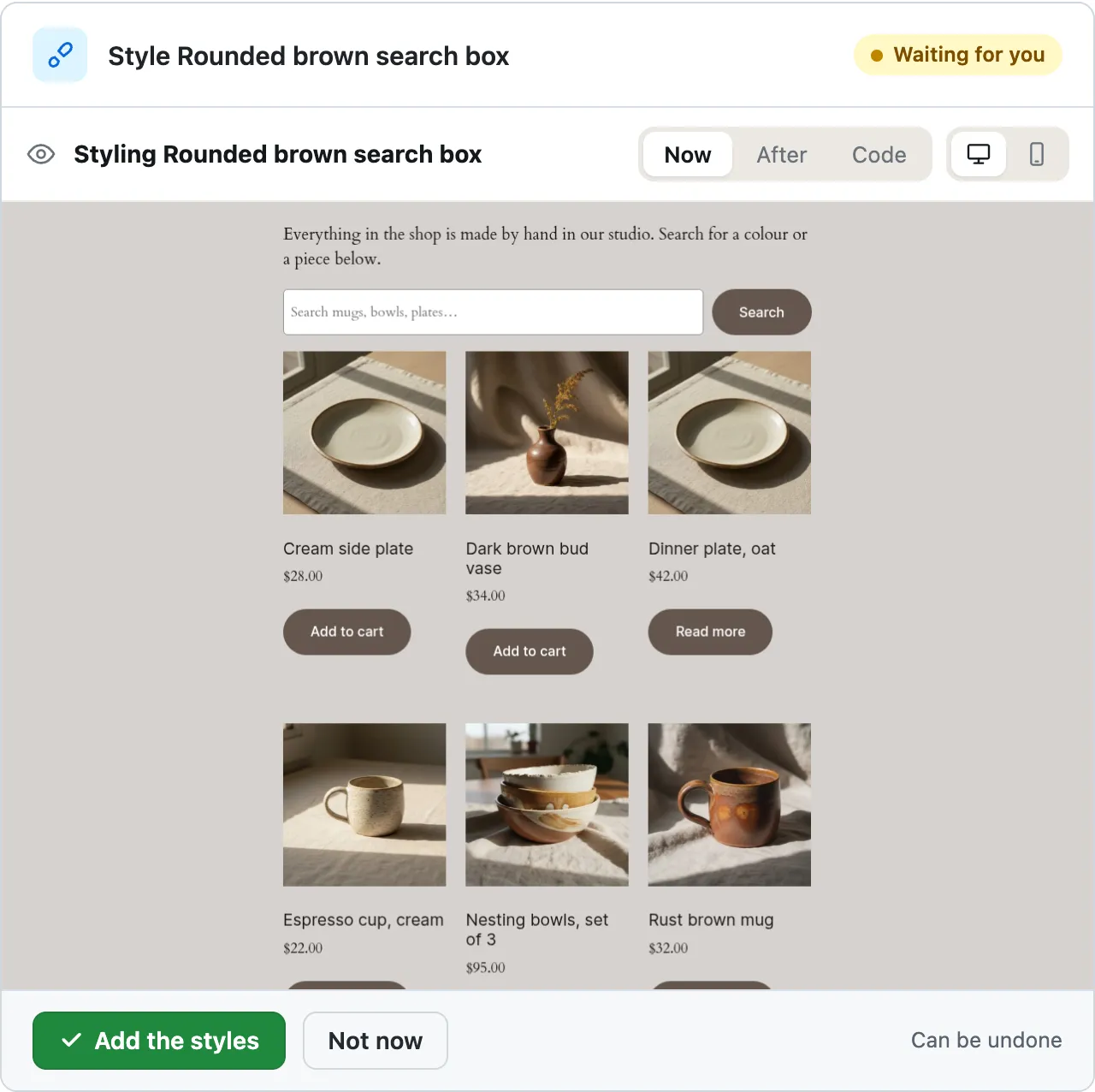 The waiting card, After and phone pressed: the Shop page on a phone, the search field with a light brown, rounded edge