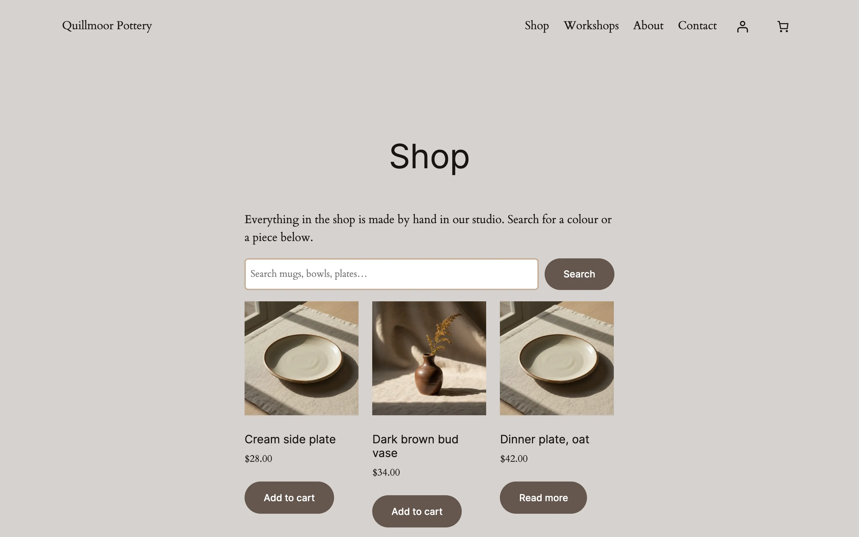 The Shop page on the test site right after, seen by a visitor: the search field with its new light brown, rounded border
