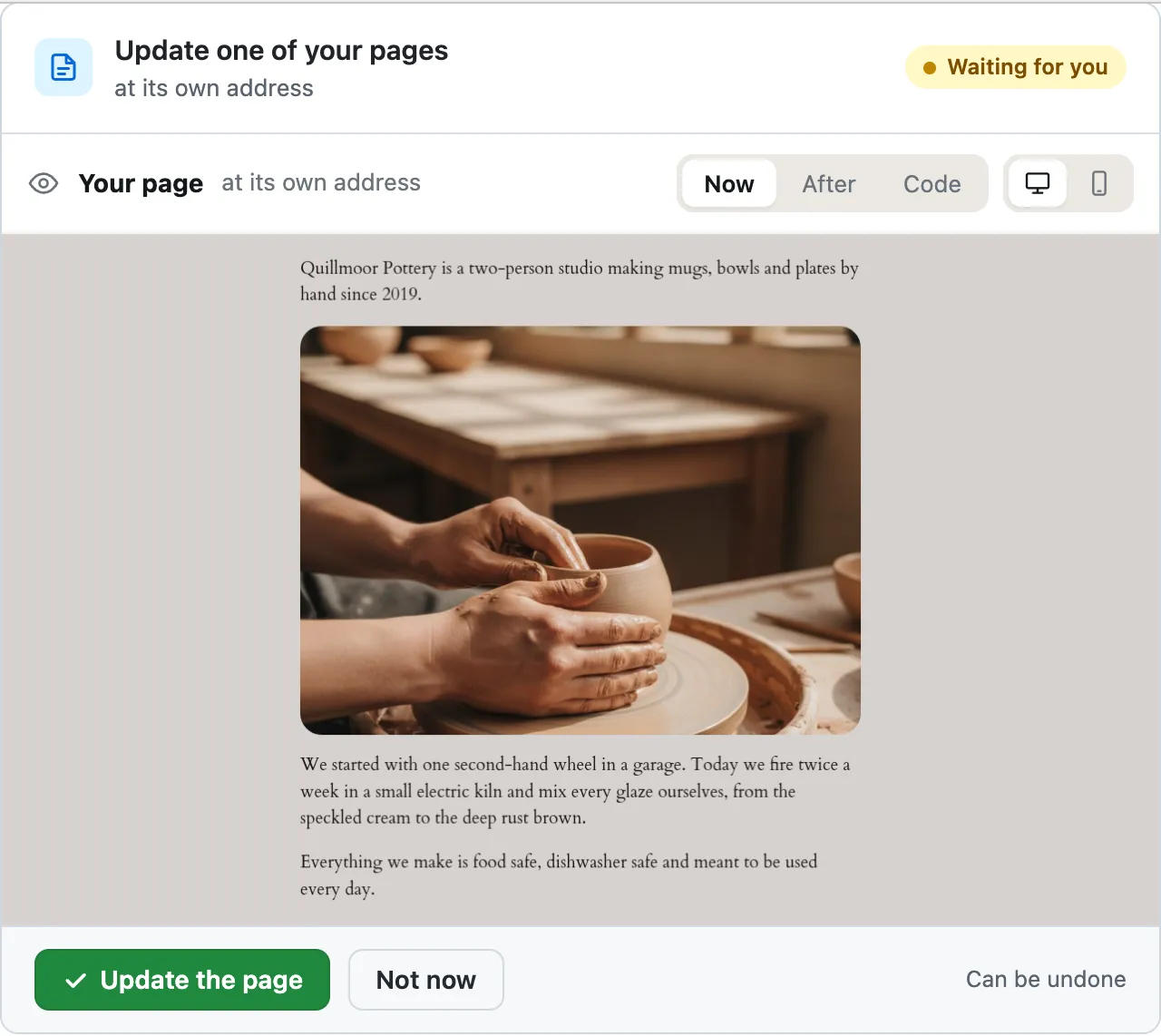 The card as it opens, After pressed: the About page as it would look, first line ending since 2018, above Update the page