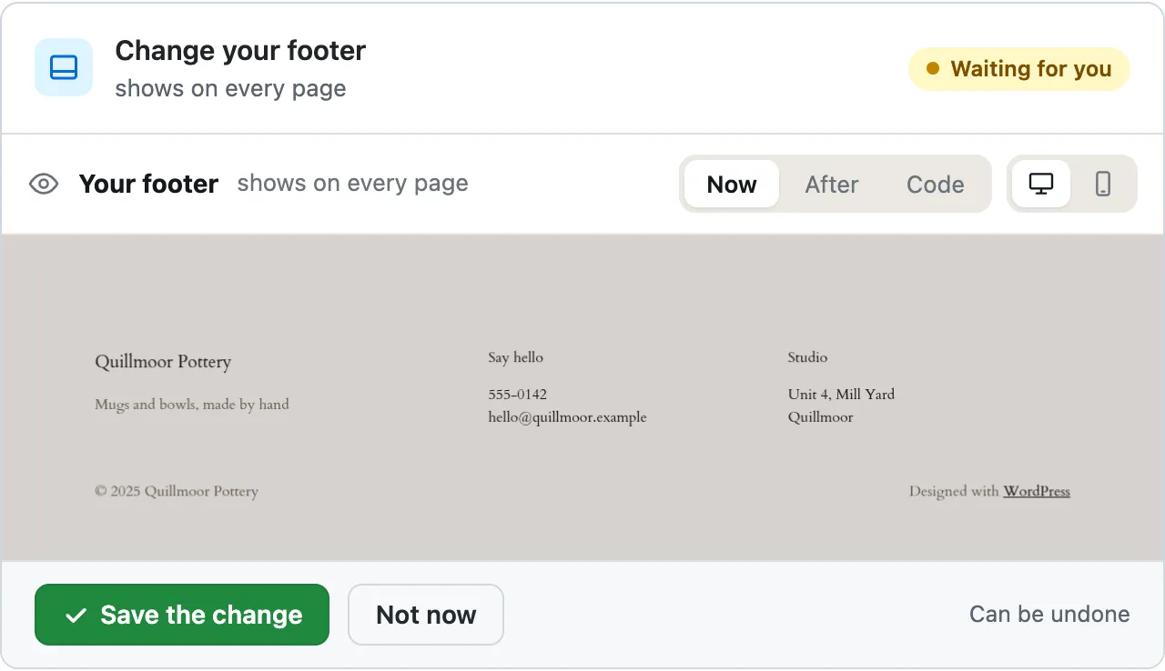 The WP dashboard with the CMSHands chat open: the request, the steps it took, and a card showing the new footer, waiting