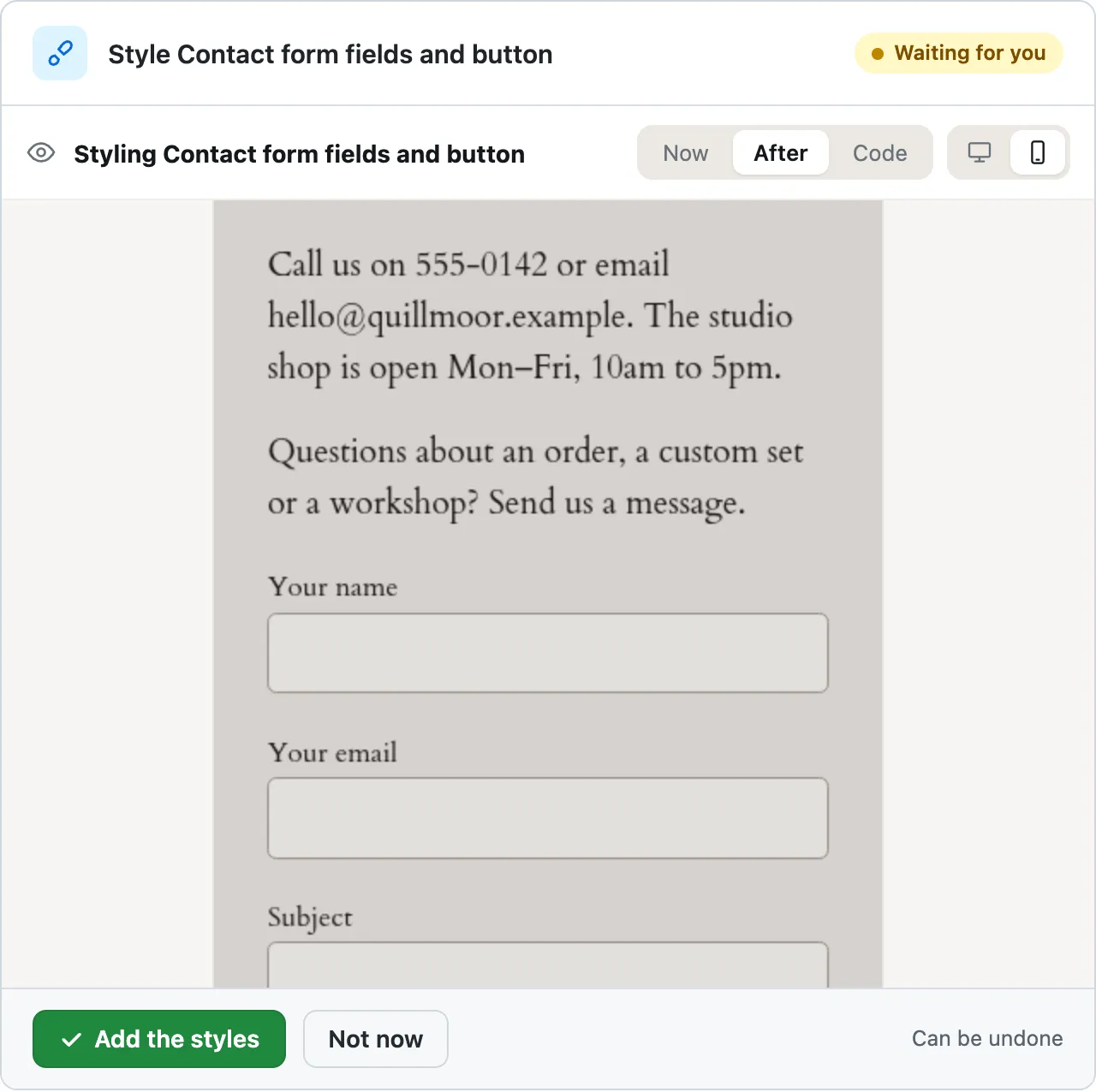The card with Code pressed: the CSS it would add in green, every rule starting with .wpcf7 and the theme's colors