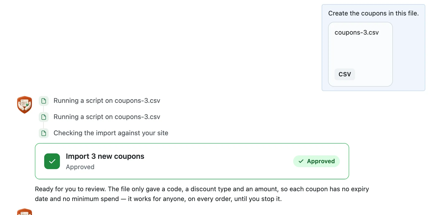 After the press: the card marked Approved while the 3 coupons are added